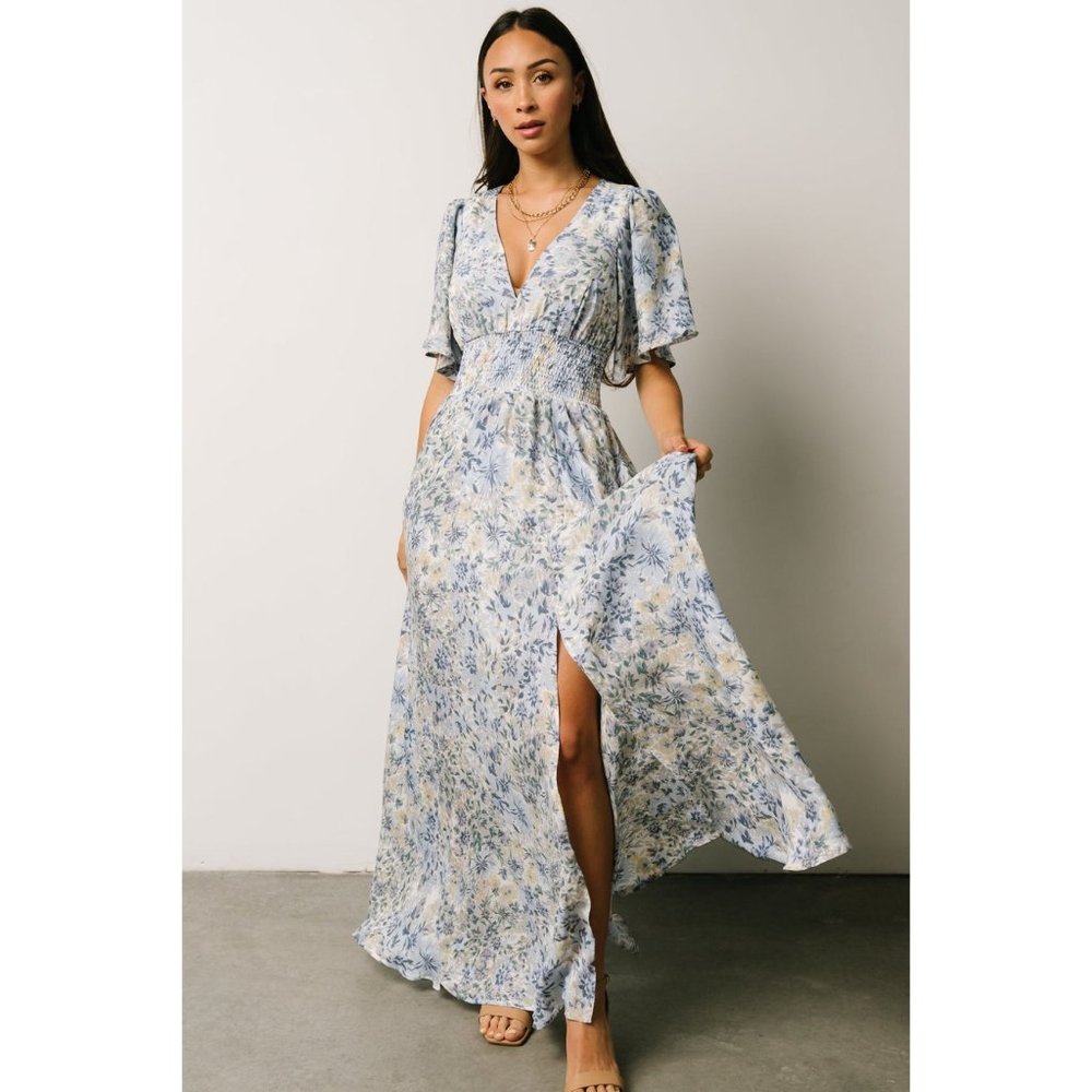 Size XXL 1X 16 NEW BLUE FLORAL VERONICA SMOCKED CHIFFON MAXI DRESS Plus Size NWT